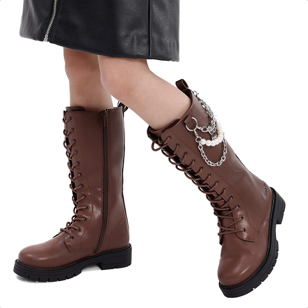 Girls Zipper Knee High Riding Boots - DARK BROWN - 4